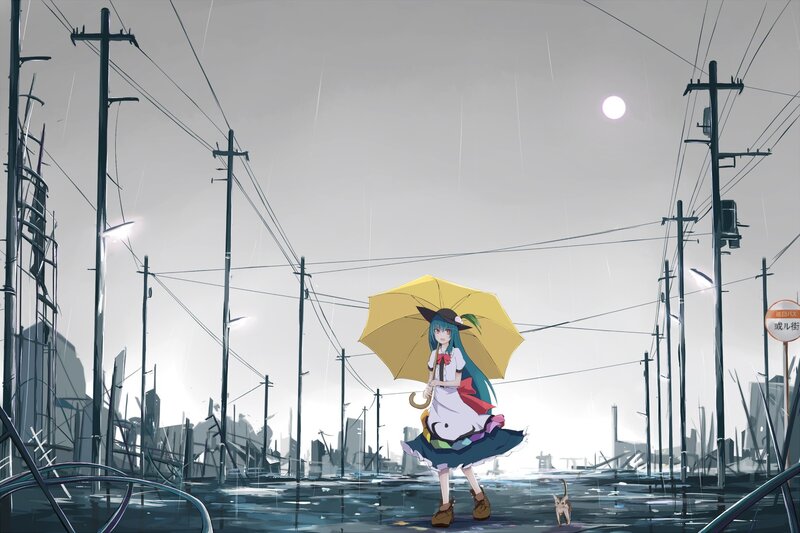 girl with yellow umbrella in rain