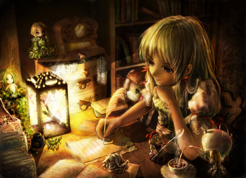 Girl Writing at Desk — Brown