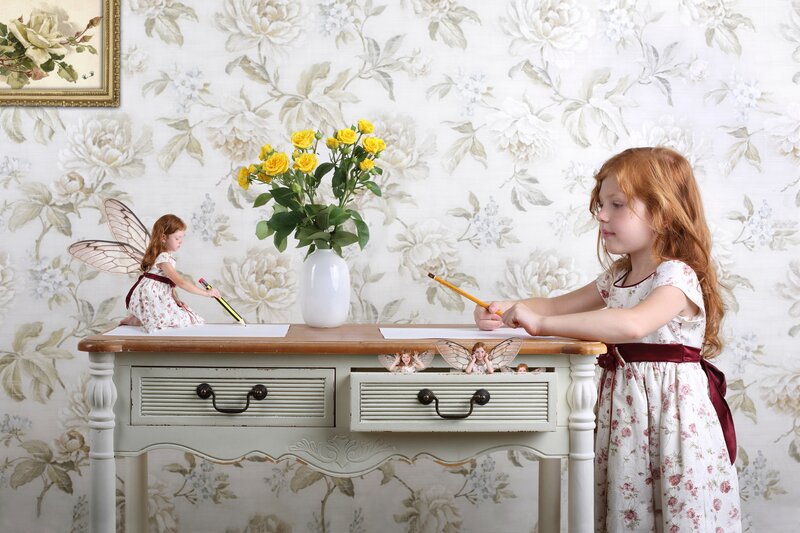 Girl Writing at Desk — White
