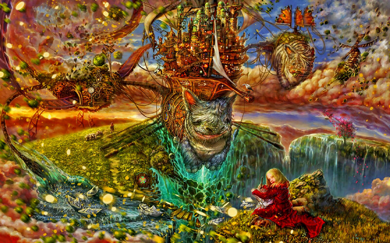 Girl Writing in Fantasy Landscape