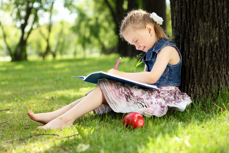 Girl Writing in Notebook — Green
