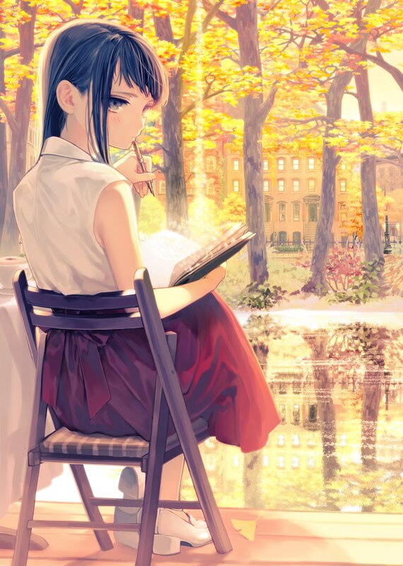 Girl Writing in Notebook — Yellow