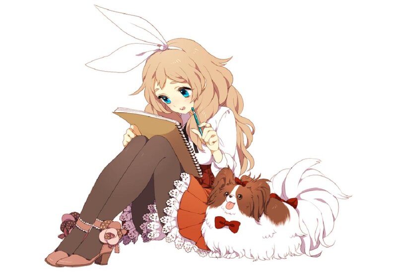 Girl Writing with Dog — White