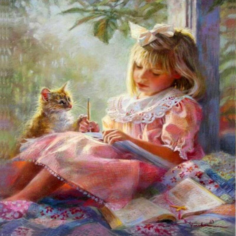 Girl Writing with Kitten
