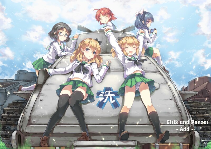 Girls and Panzer characters on tank