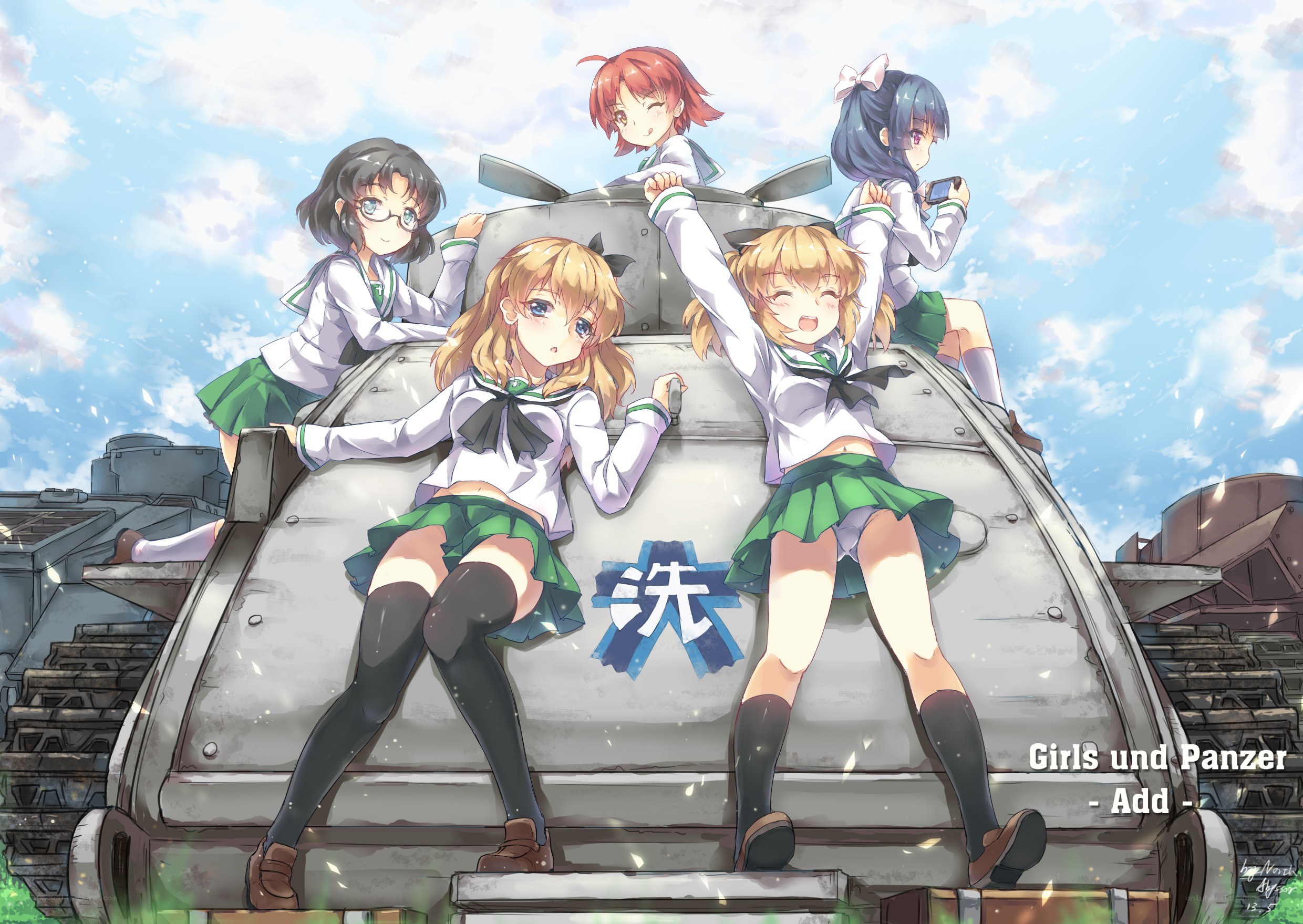 Girls and Panzer characters on tank