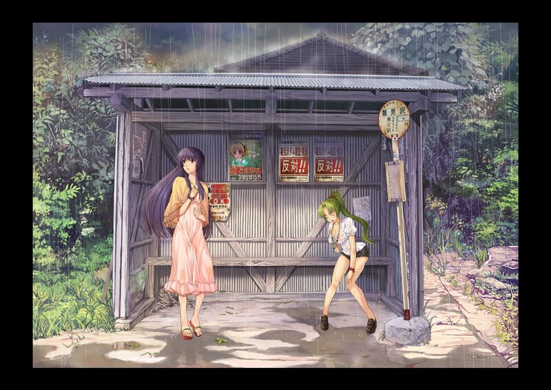 Girls at a rainy bus stop