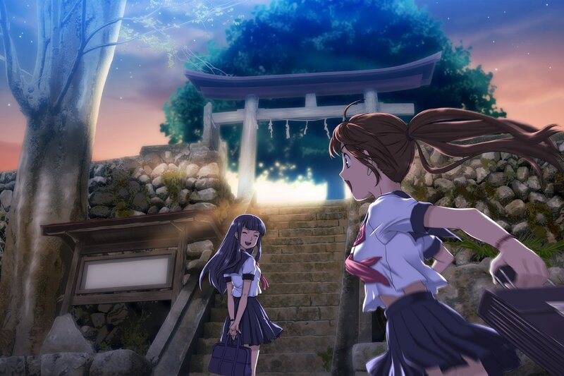 Girls at a shrine at dusk