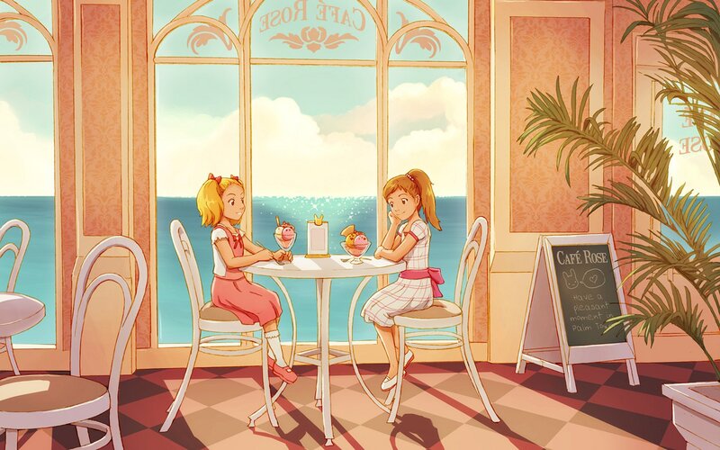 Girls at seaside café