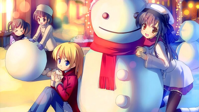 Girls Building Snowman — White, Festive, Winter, Anime, Scarf