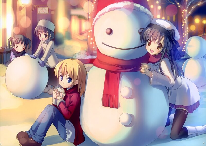 Girls Building Snowman — White, Festive, Winter