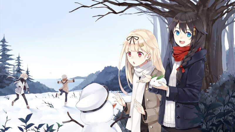Girls Building Snowman — White, Peaceful