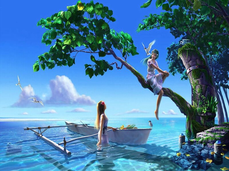 Girls by the sea under a tree