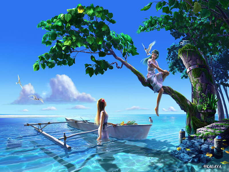 Girls by the sea under a tree