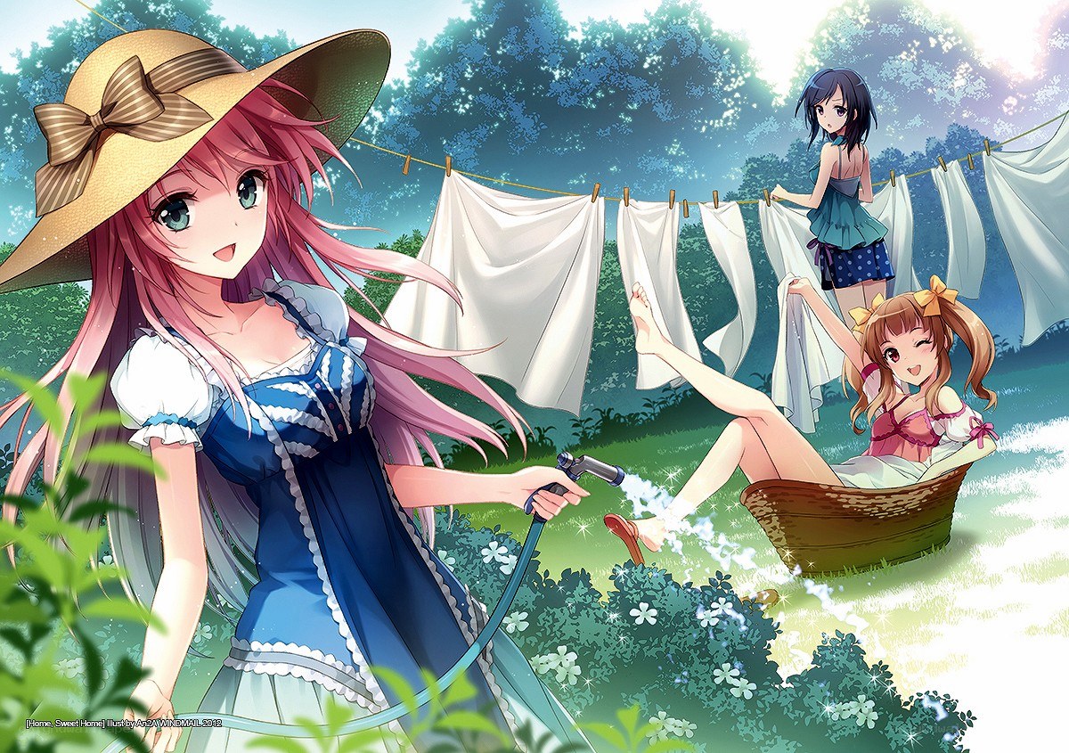 Girls doing laundry outdoors