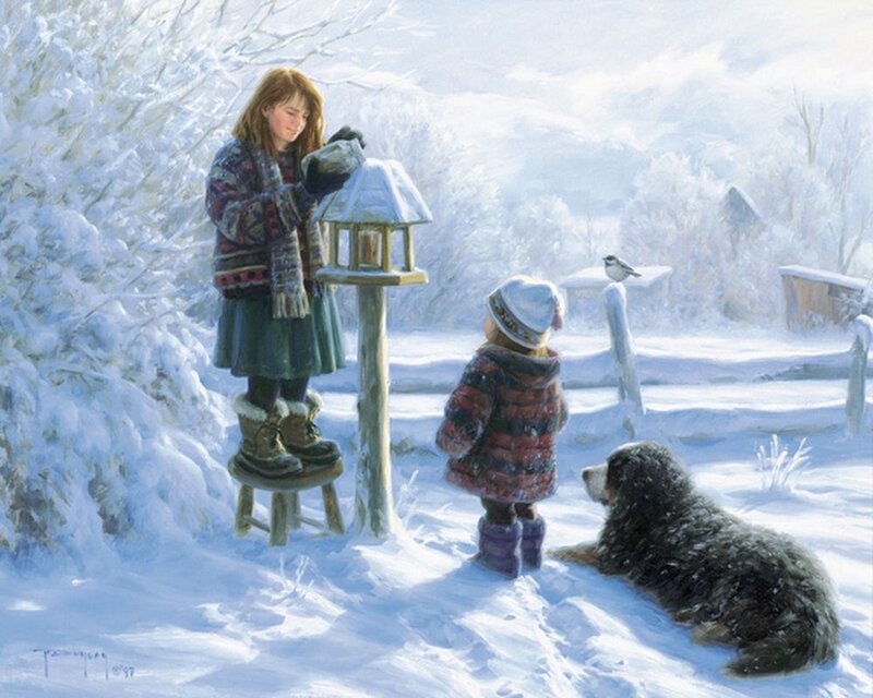 Girls Feeding Birds — White