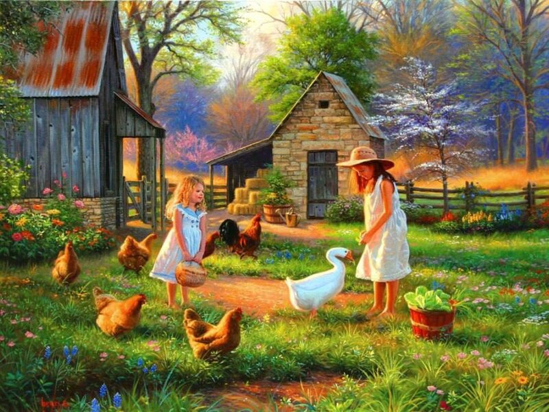 Girls Feeding Farm Animals
