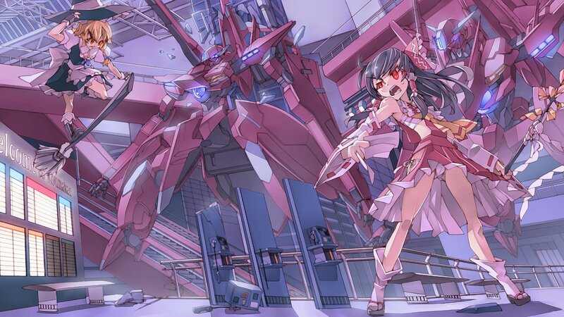 Girls fighting mechs in a station