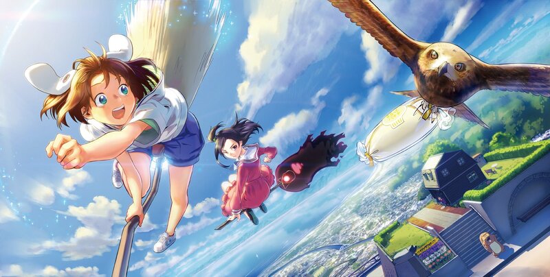 Girls flying on brooms in the sky