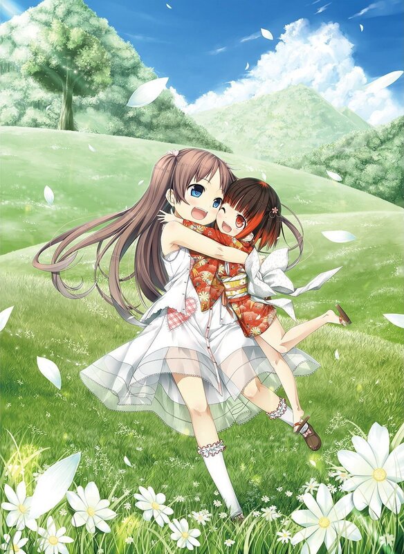 Girls hugging in a sunny field