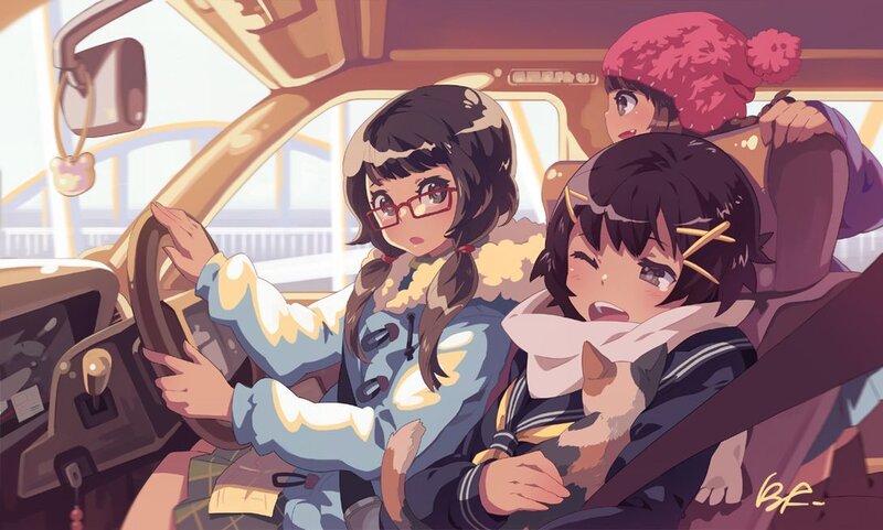 Girls in a car on a winter day