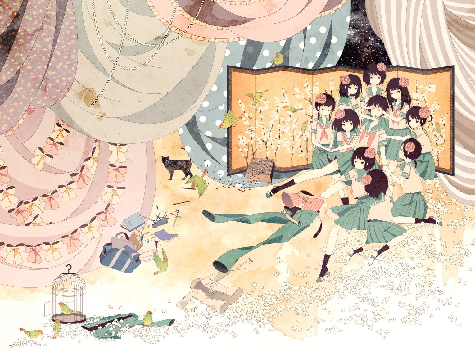 Girls in a chaotic room