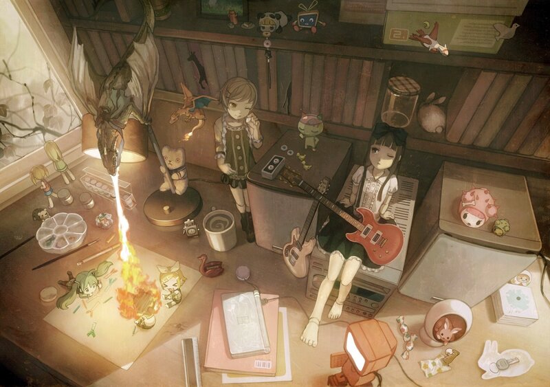 Girls in a cluttered room