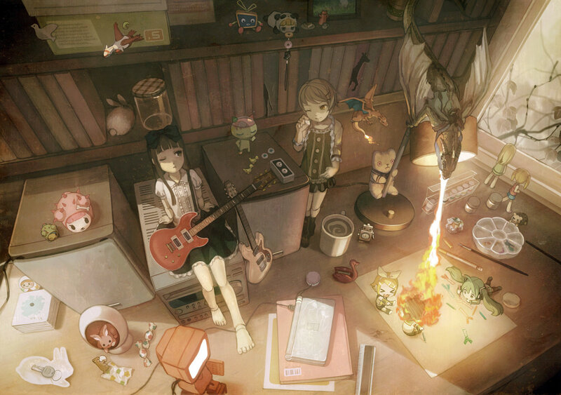 Girls in a cluttered room