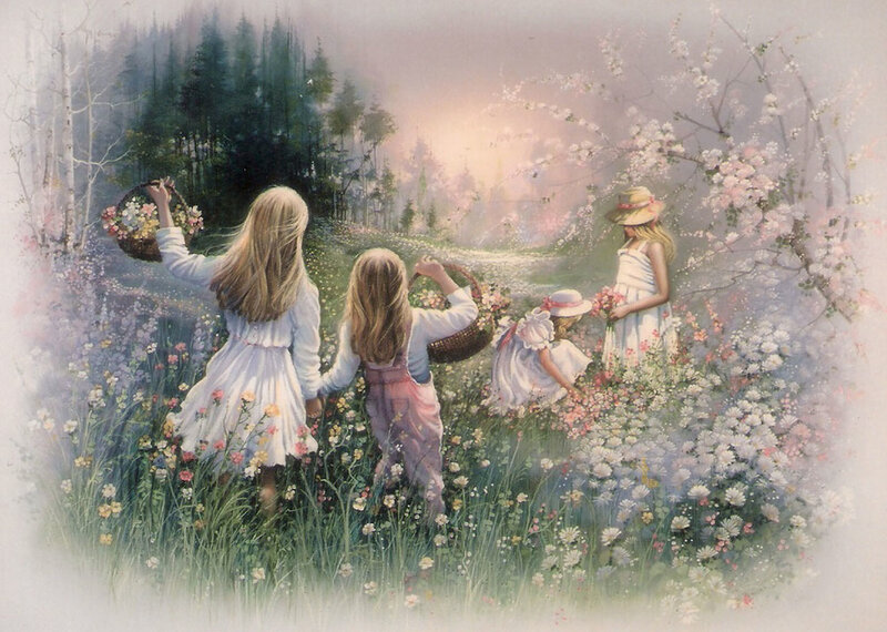 Girls in a Flower Field — White