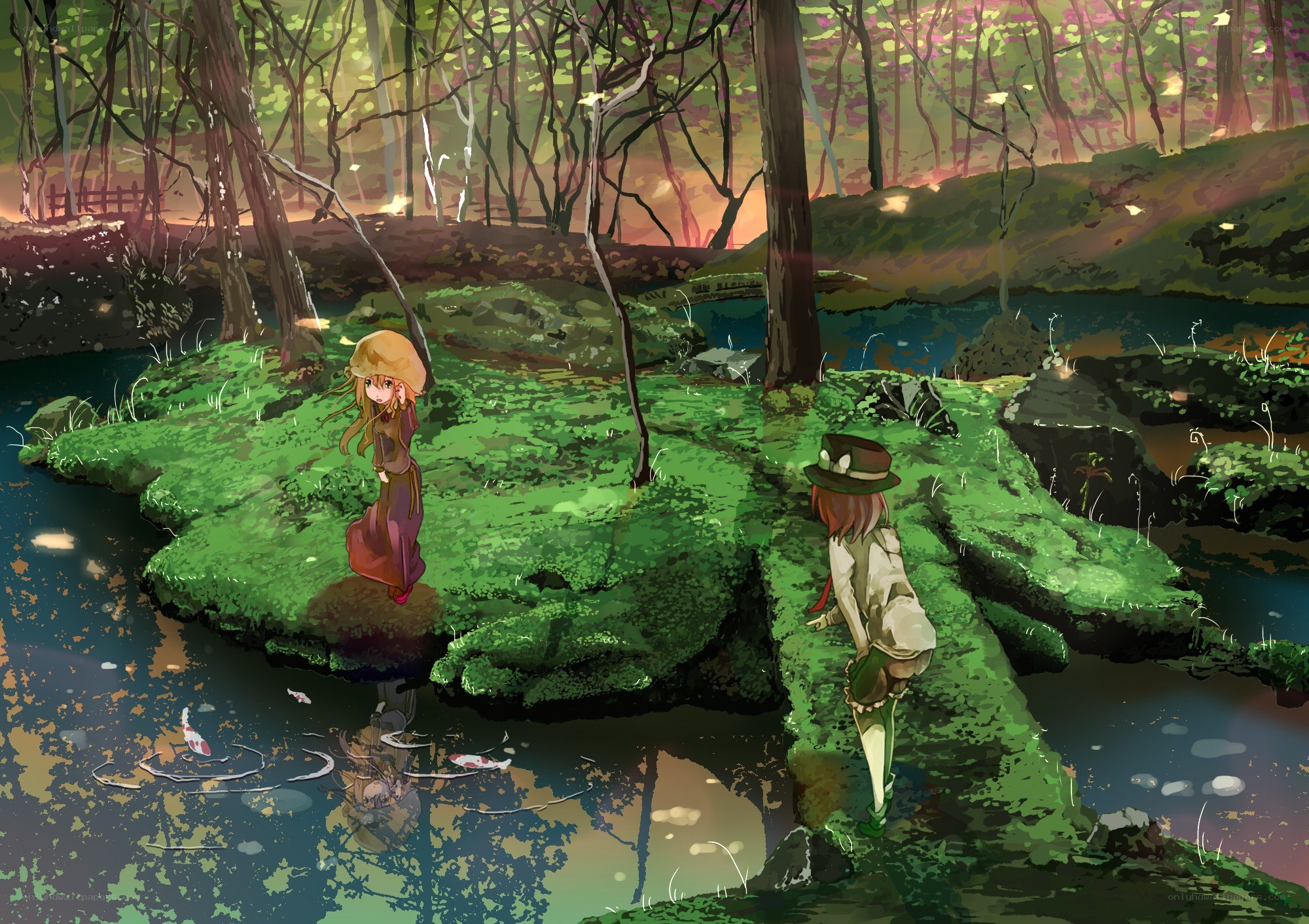 girls in a forest pond