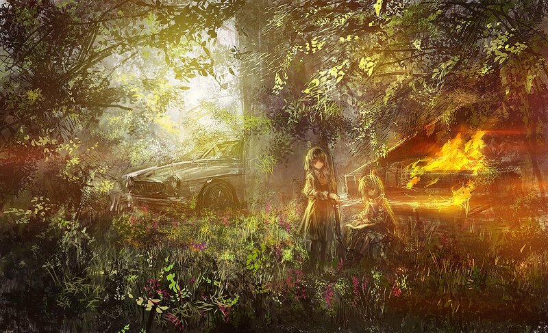 Girls in a forest with burning car