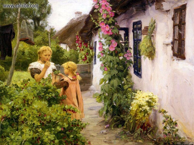 Girls in a garden by a cottage
