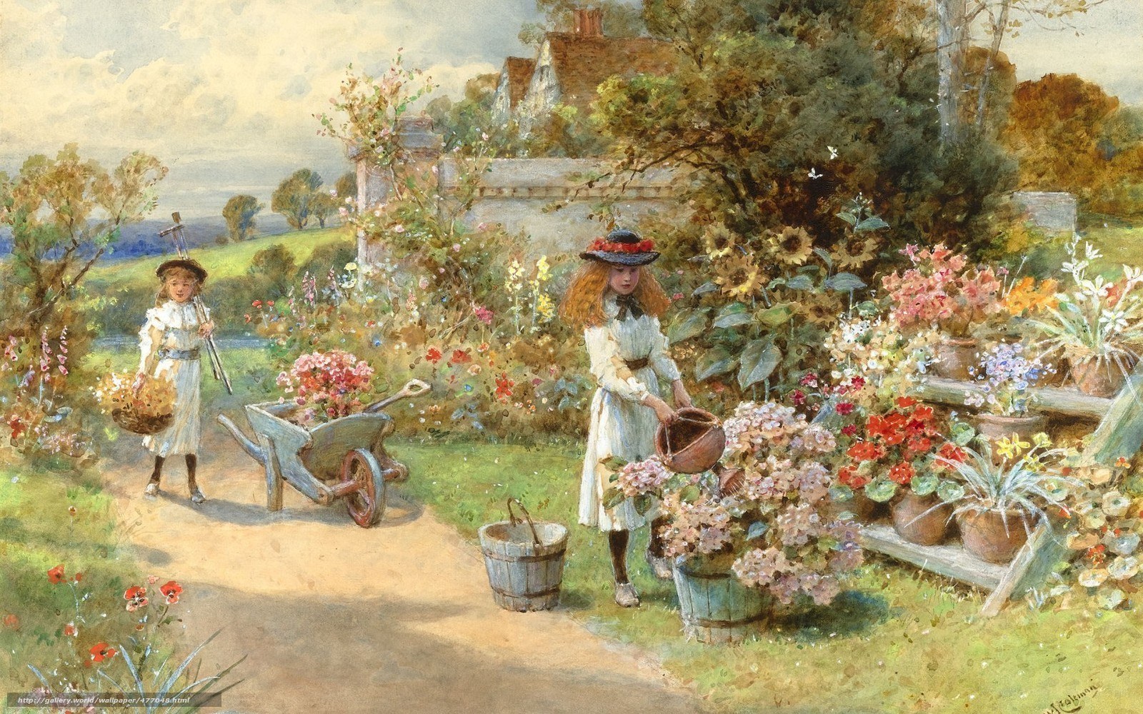 Girls in a garden scene