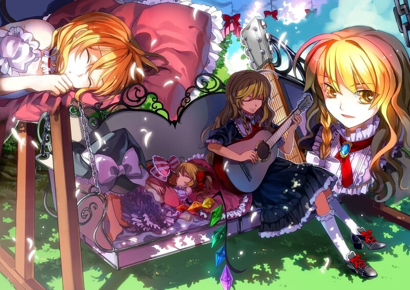 Girls in a garden with guitar