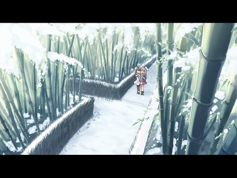 girls in a snowy bamboo forest