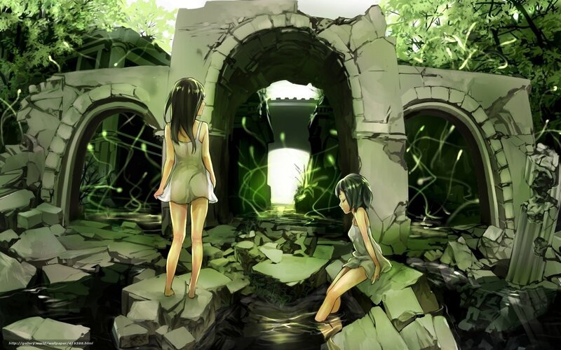 Girls in ancient ruins