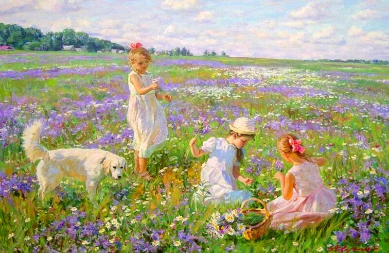 Girls in Flower Field