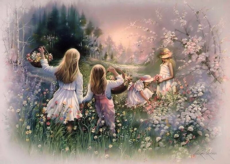 Girls in Flower Field — White
