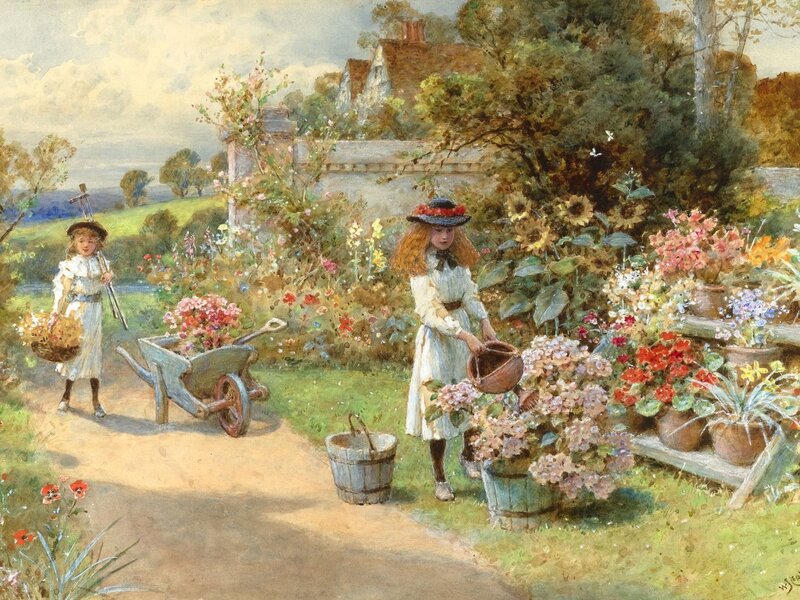 Girls in Garden — Green, Serene