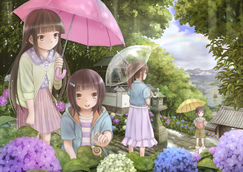 Girls in Garden with Umbrellas