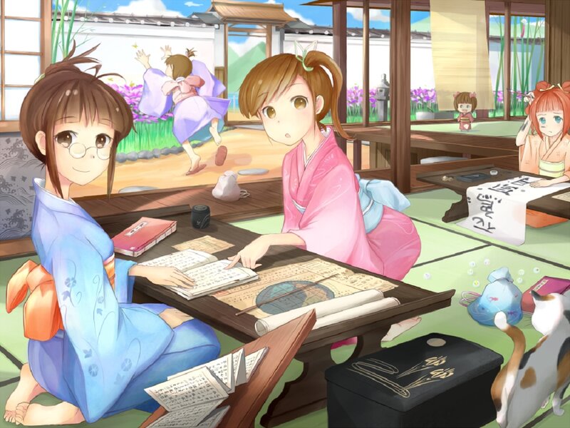 Girls in Kimonos Studying