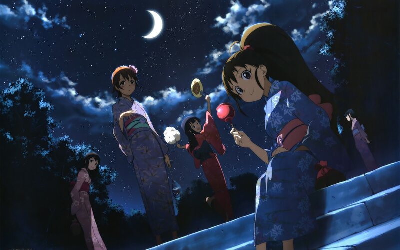 Girls in kimonos under the moon