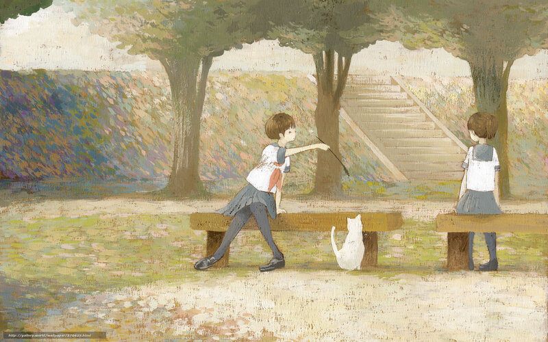 Girls in park with cat