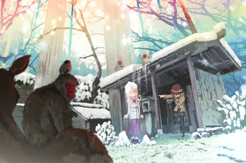 Girls in snowy forest with monkeys