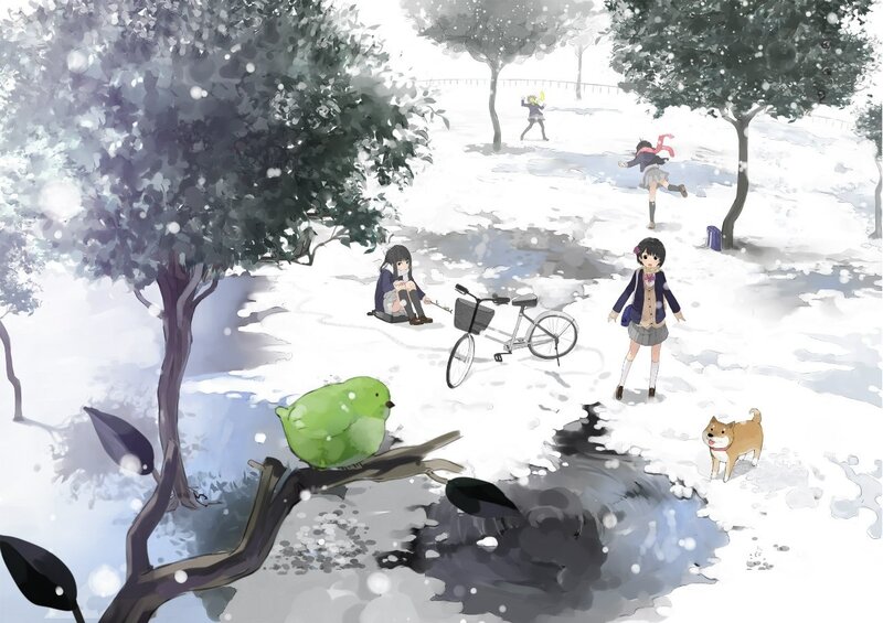 Girls in Snowy Park — White