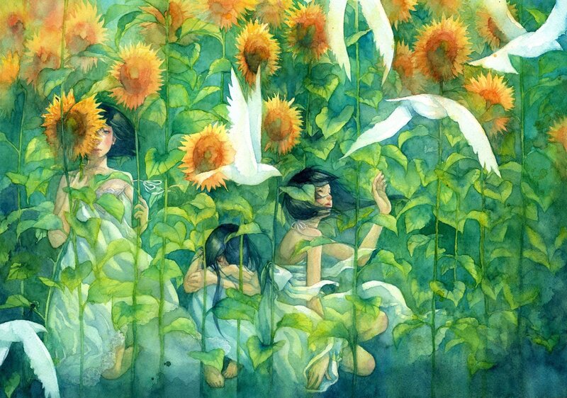 Girls in Sunflower Field — Green