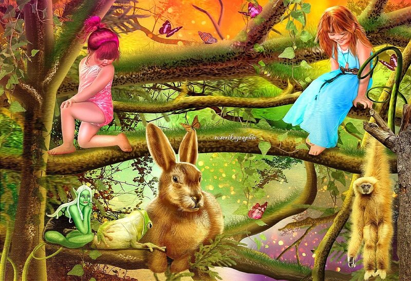 Girls in Tree with Animals — Green