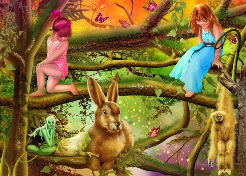 Girls in Tree with Animals