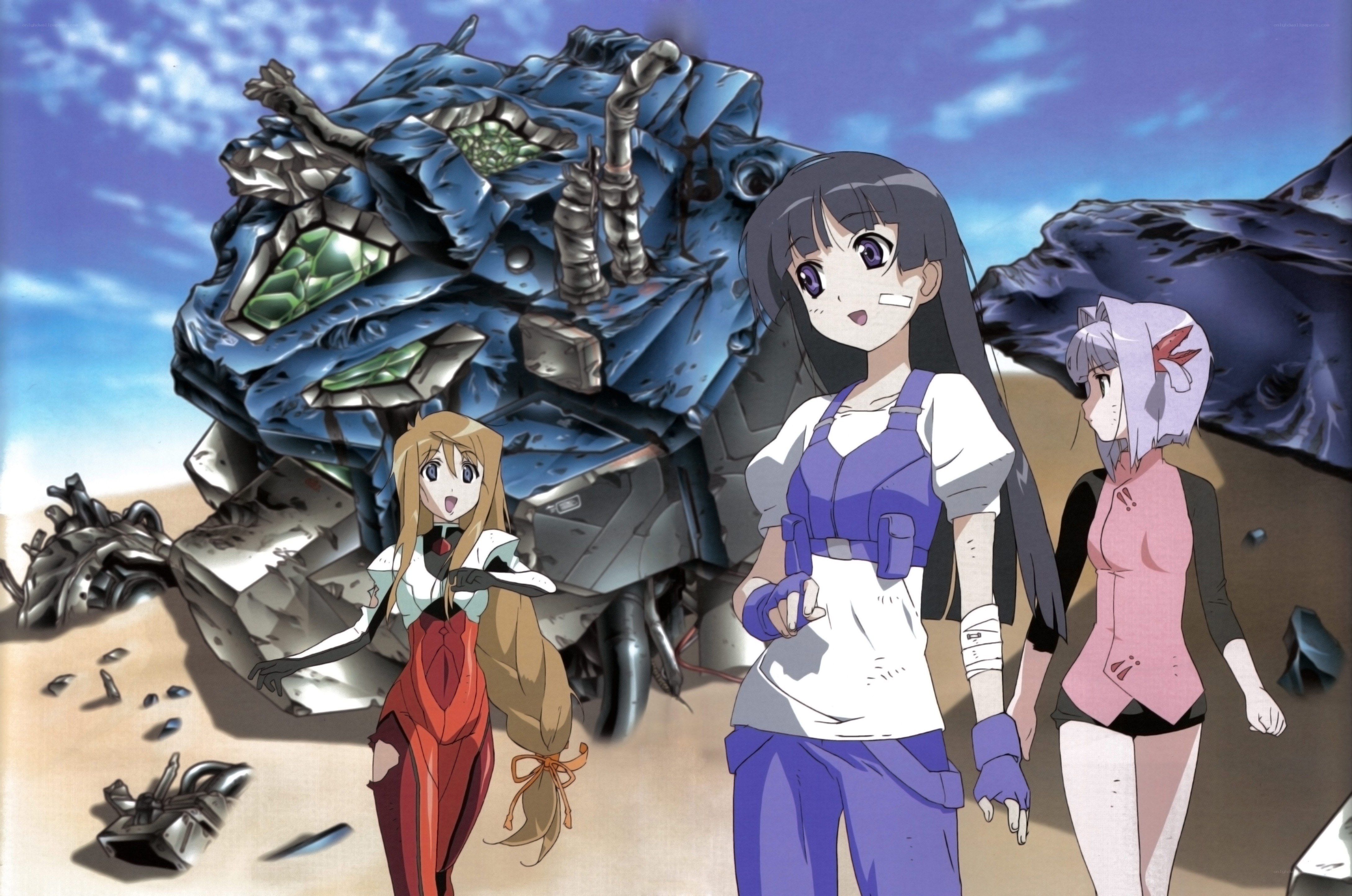Girls near crashed mecha