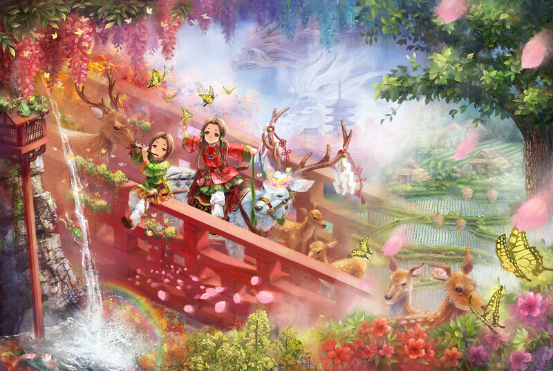 Girls on a Bridge with Deer